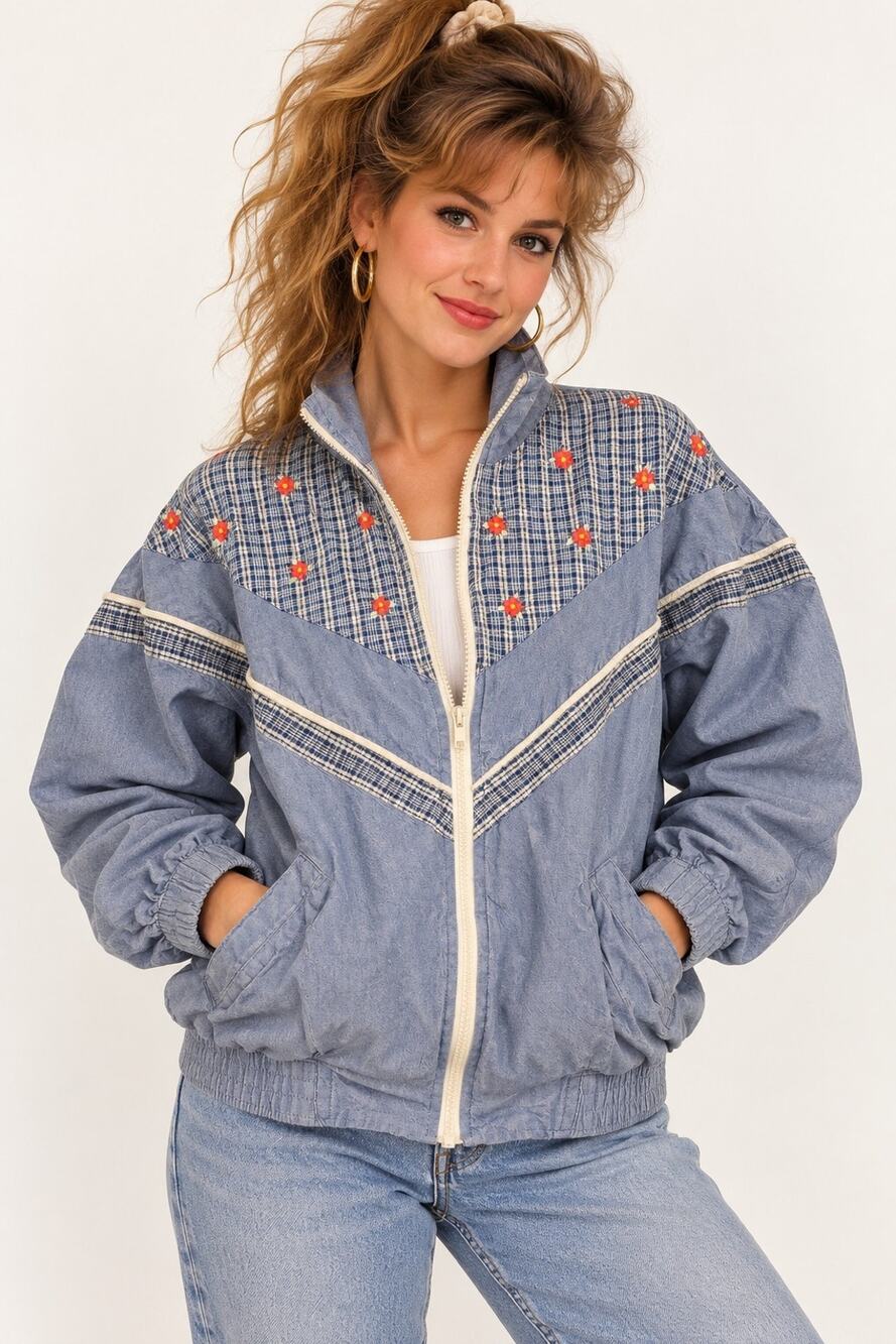 Vintage 80s 90s Crescent Bay Windbreaker Jacket Plaid Floral Embroidered Blue PS